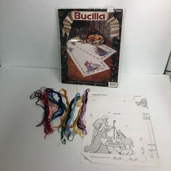 bucilla cross stitch nativity runner embroidered thread instructions xmas - Picture 1 of 5
